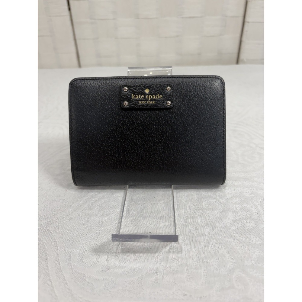 Kate Spade Jeanne black pebbled leather med slim bifold wallet women's gold tone
